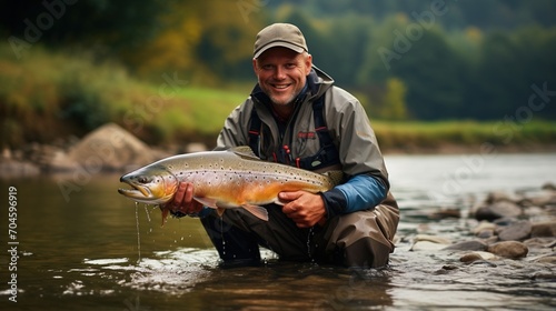 A fisherman kneels in the river holding a large brown trout. photo