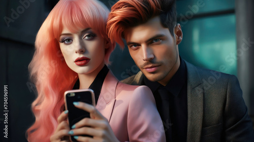 Portrait of young modern stylish couple. Man and woman mysteriously looking into camera. Concept of intelligence, contemporary technologies and style. Pink palette