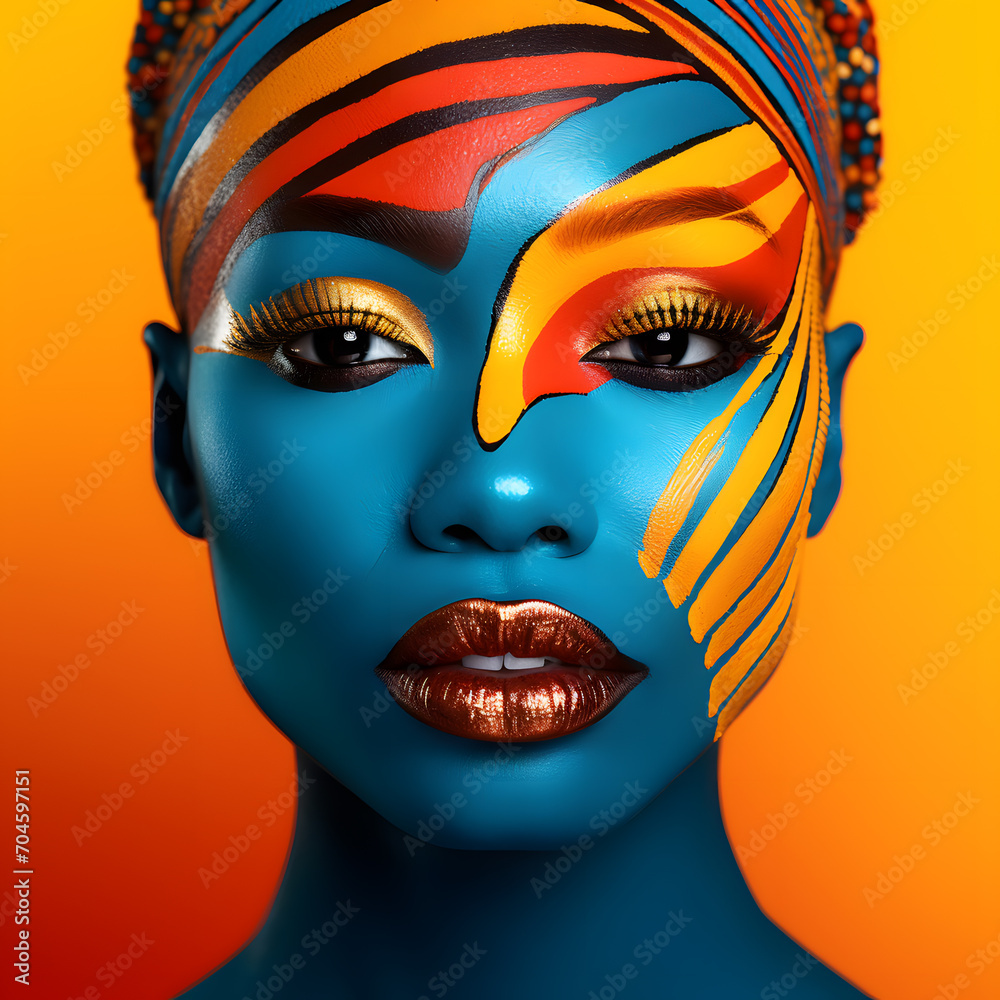 Portrait of Beautiful glamour African woman with colorful make up body art