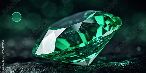 emerald gemstone, deep green, glinting facets, set against a velvet black background