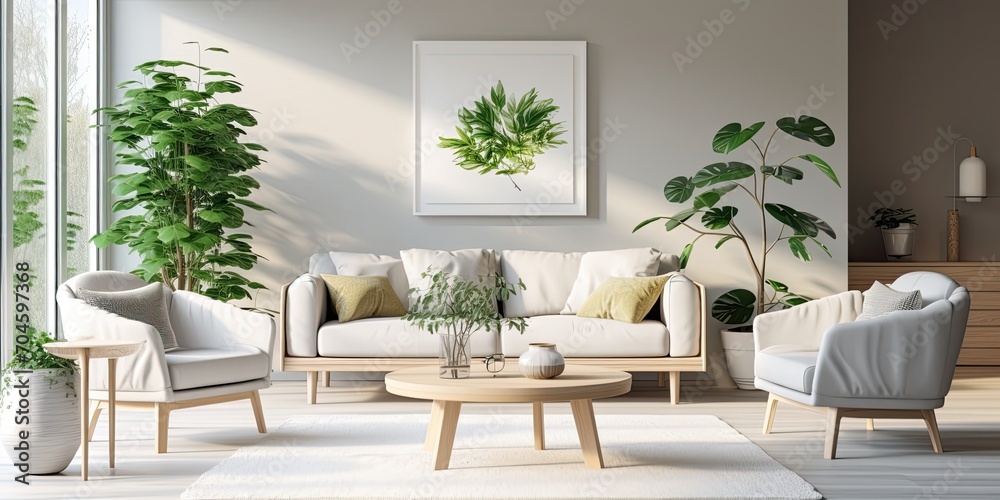 Scandinavian home with stylish living room, white armchairs, sofa, coffee table, art, plants.