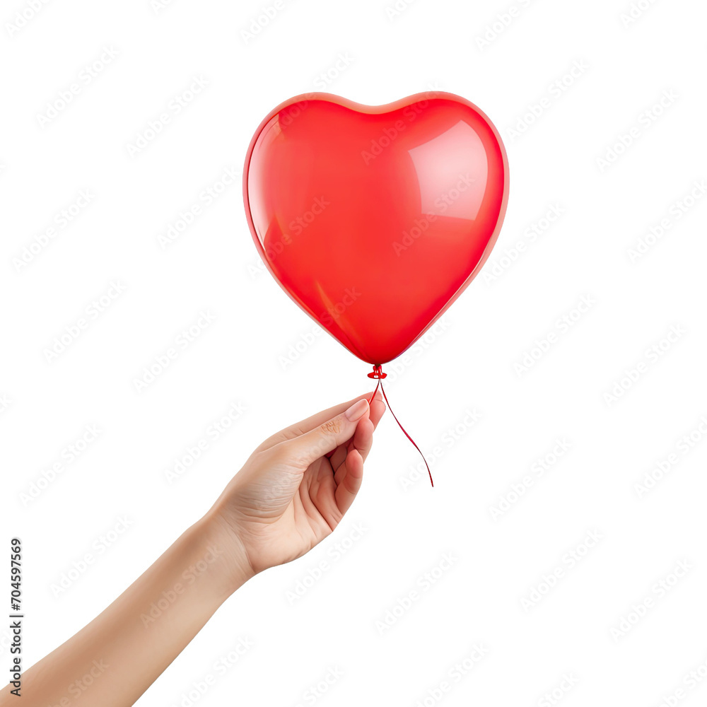 A hand holds a red heart-shaped air balloon, Valentine's Day, isolated or white background