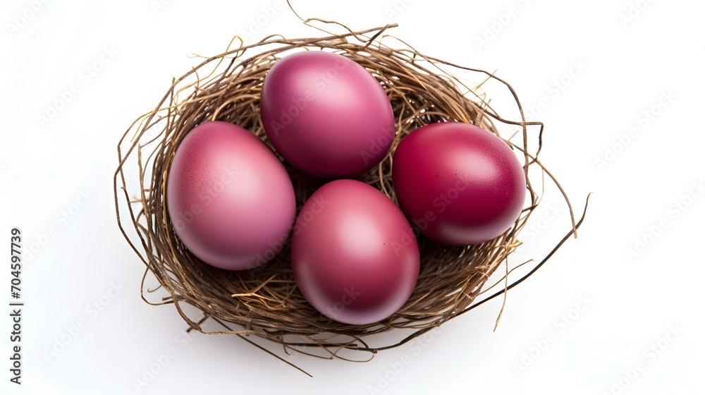 Top View of burgundy Eggs in a Nest on a white Background. Easter Template with Copy Space Top View of burgundy Eggs in a Nest on a white Background. Easter Template with Copy Space