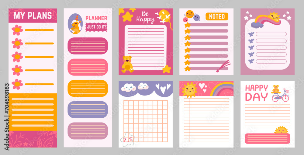 Childish planners. To do lists cute design, scandinavian style notes paper template. Notebook empty pages with cartoon elements, neoteric vector set - obrazy, fototapety, plakaty 
