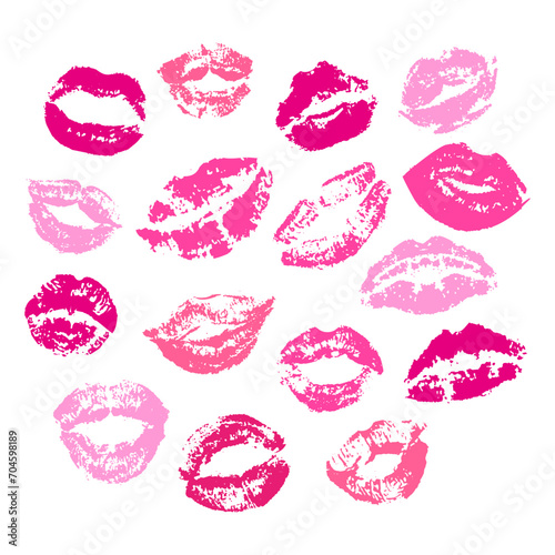 Different female lipstick kisses silhouettes. Women lips  isolated grunge kiss clipart. Romantic elements for cards  letter  neoteric vector set