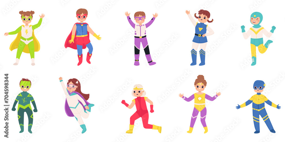 Cartoon kids in superhero costumes. Children superheroes in different poses. Flying and warrior kid, comic funny child snugly vector characters