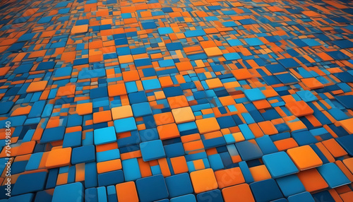 An abstract background featuring an orange and blue background, in the style of mosaic-like forms -