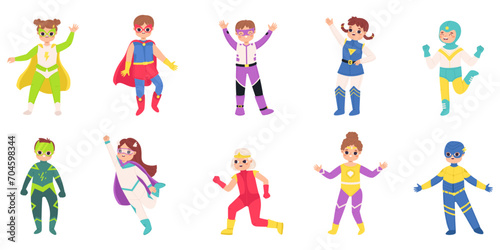 Cartoon kids in superhero costumes. Children superheroes in different poses. Flying and warrior kid, comic funny child snugly vector characters