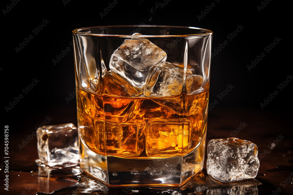 Whiskey on Ice in einem rauchig holzigen Umfeld, Genuss und Lifestyle Whiskey on Ice in einem rauchig holzigen Umfeld, Genuss und Lifestyle
