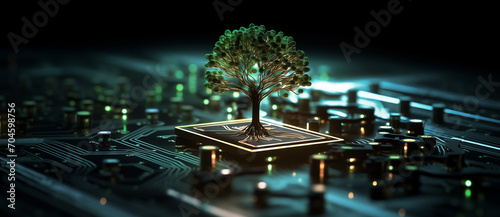 Ein Baum, der aus dem Prozessor einer Computerplatine sprießt. Symbolisiert Green Computing, Green Technology, CSR, IT-Ethik, grüne Hardware und das Konzept der umweltverträglichen Technologie photo