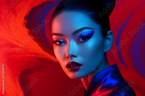 Fashionable  Asian girl portrait in a futuristic neon style