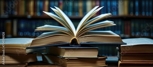 An open book atop a stack of books.