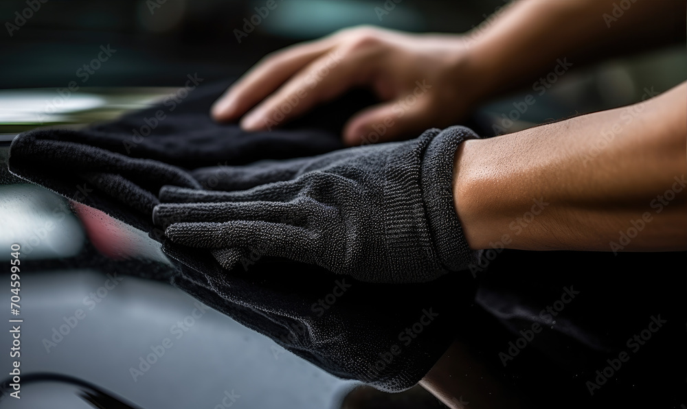 A man cleaning or polish luxury car with microfiber cloth, Car clean concept.
