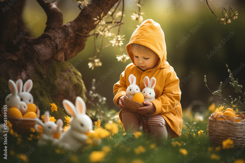Glückliche Kinder an Ostern, Ostereier Suche an Ostern, ein warmes Osterfest im Frühling, Ostern in der Natur - obrazy, fototapety, plakaty 