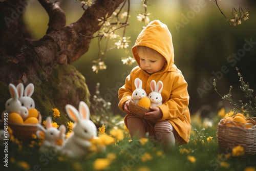 Glückliche Kinder an Ostern, Ostereier Suche an Ostern, ein warmes Osterfest im Frühling, Ostern in der Natur