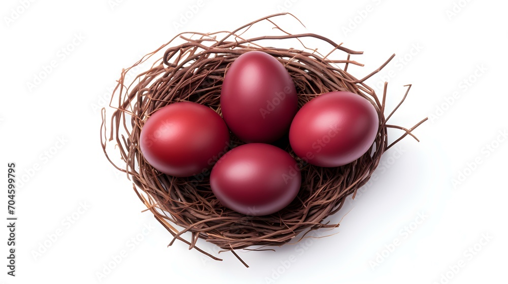 Top View of dark red Eggs in a Nest on a white Background. Easter Template with Copy Space Top View of dark red Eggs in a Nest on a white Background. Easter Template with Copy Space