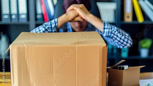 Stressed Employee with Head in Hands Behind Moving Box at Office photo