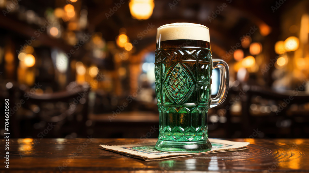 Glass with green beer inside in pub counter Glass with green beer inside in pub counter