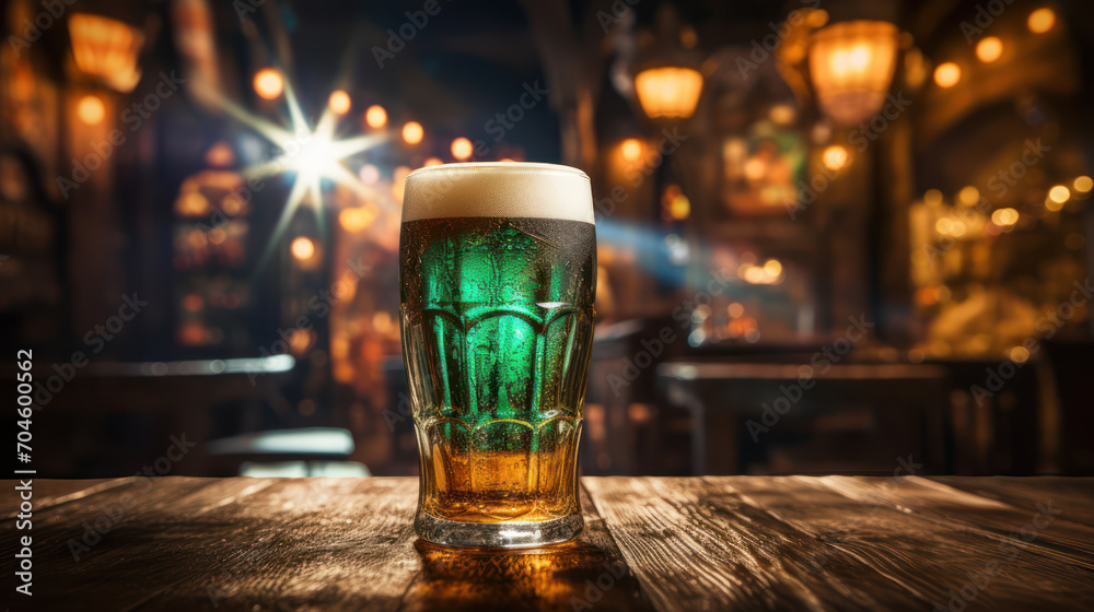 Glass with green beer inside in pub counter