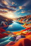 lake nestled within a colorfully painted desert landscape. Nature background, beautiful view