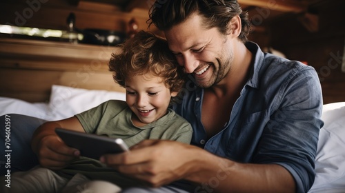 Father and son bonding over a tablet