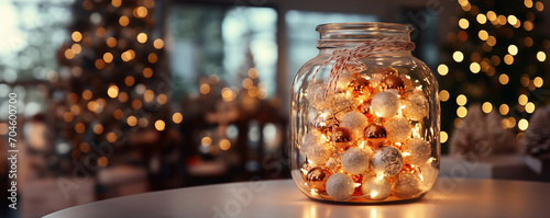 Large glass jar with light bulbs on bokeh background, Christmas lights and bokeh.