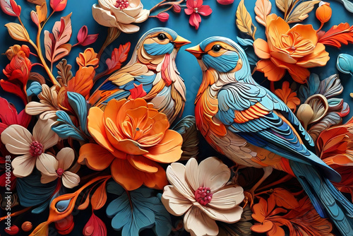Colorful paper quilling art. Intricate birds and flowers design. Captivating and vibrant craft for creative projects and visuals. © Amila Vector
