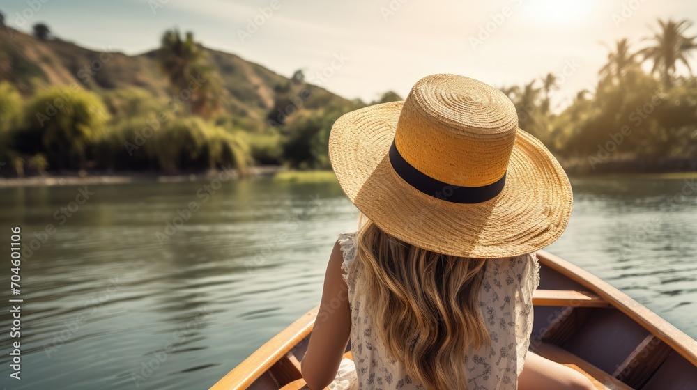 Lagoon serenity! tranquil moment of a young woman in a straw hat relaxing on a boat, gazing forward into the lagoon—a peaceful image representing summer vacation and waterside tranquility