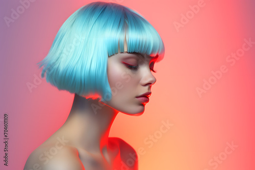 Portrait of a stylish young blue hair girl in close-up, under neon lighting