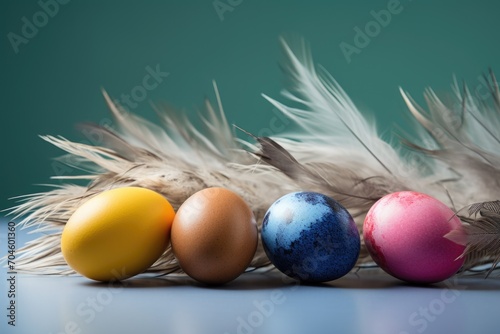 beautifully colored Easter eggs and feathers