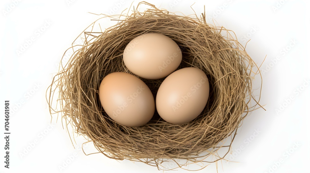 Top View of khaki Eggs in a Nest on a white Background. Easter Template with Copy Space Top View of khaki Eggs in a Nest on a white Background. Easter Template with Copy Space