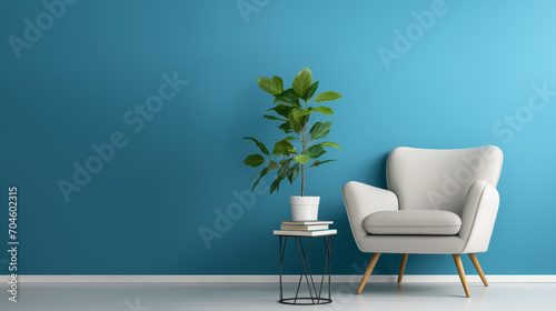 chair in a room, Cozy chair with books and ficus pots in front of blue wall. generative ai