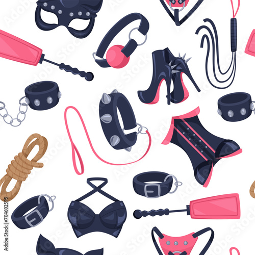 BDSM pattern. Collar corset chains and lashes. Vector seamless background
