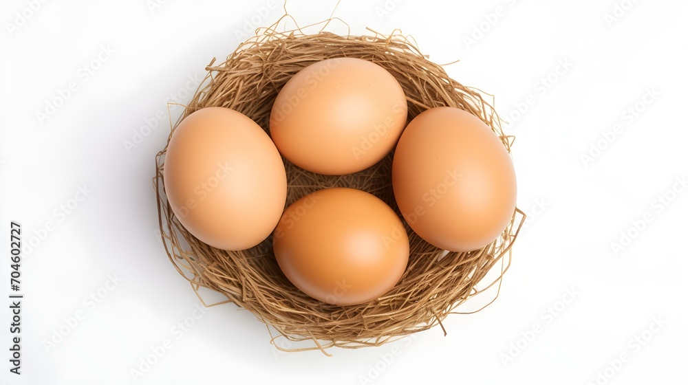 Top View of light brown Eggs in a Nest on a white Background. Easter Template with Copy Space Top View of light brown Eggs in a Nest on a white Background. Easter Template with Copy Space