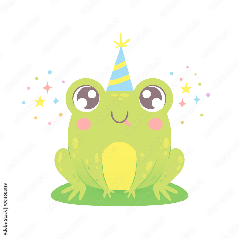 custom made wallpaper toronto digitalCute funny frog in a party hat. Smiling happy childish animal character for birthday card, poster, print, kid clothing, invitation. Vector illustration in cartoon hand drawn style isolated on white
