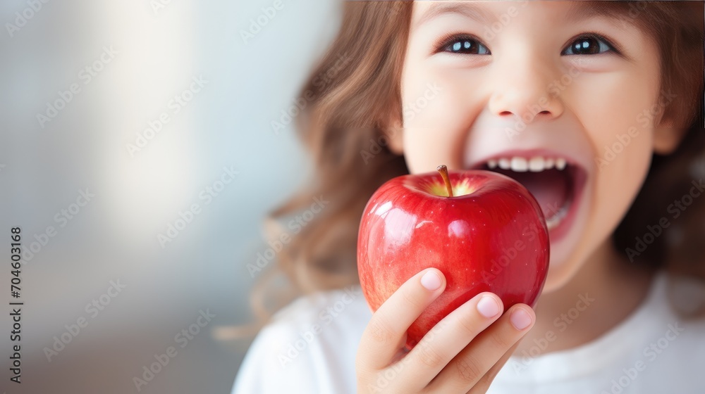 close-up view of a child's healthy teeth with a ripe red apple—a wholesome image portraying dental care, oral hygiene, and the joy of maintaining a nutritious diet, close-up view of a child's healthy teeth with a ripe red apple—a wholesome image portraying dental care, oral hygiene, and the joy of maintaining a nutritious diet,