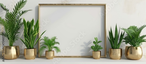 Mock up of plants in golden pots on an empty frame.