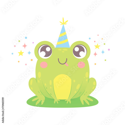 Cute funny frog in a party hat. Smiling happy childish animal character for birthday card, poster, print, kid clothing, invitation. Vector illustration in cartoon hand drawn style isolated on white