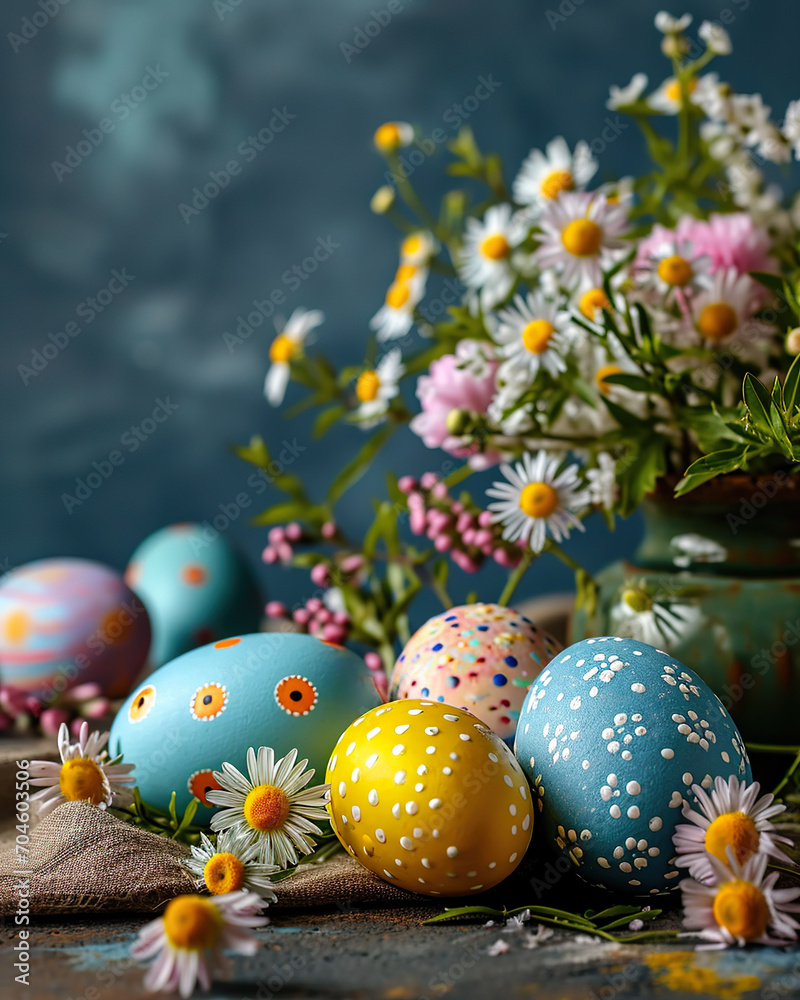 Colorful easter eggs with daisies on rustic background