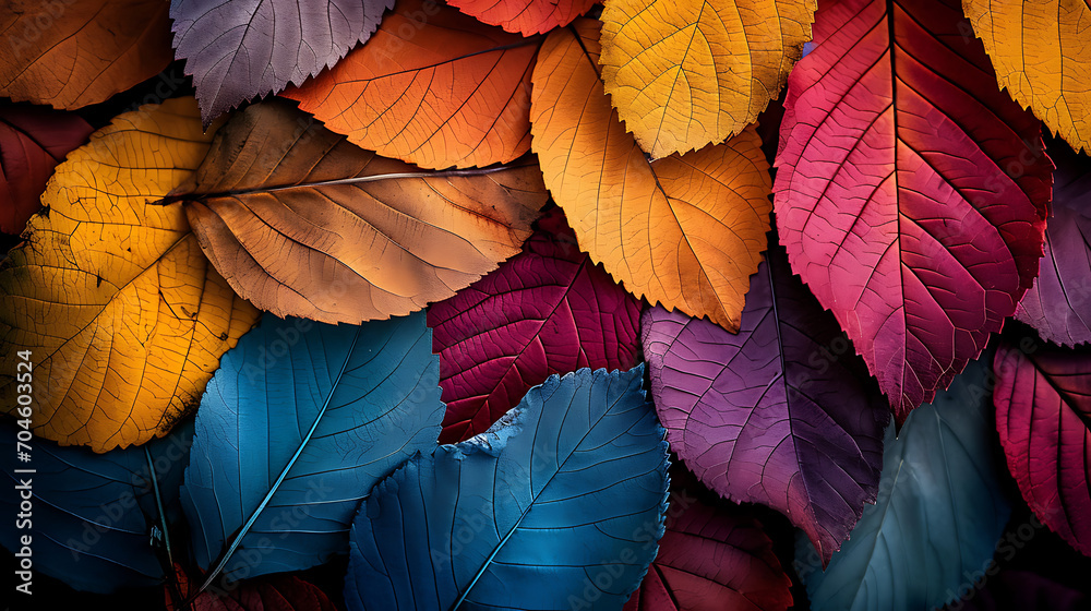Colorful outdoor leaves spread out in large groups on black background, neon and fluorescent style. - autumn tree leaves