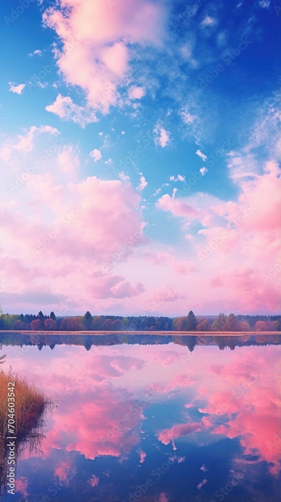 Pink clouds reflecting on a lake