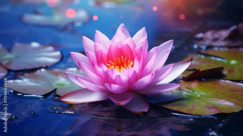 beautiful pink water lily flower with leaves in a pond, 16:9