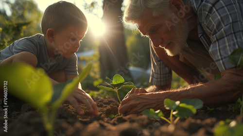 Grandpa teaching grandson the secrets of gardening while bonding and spending quality family time