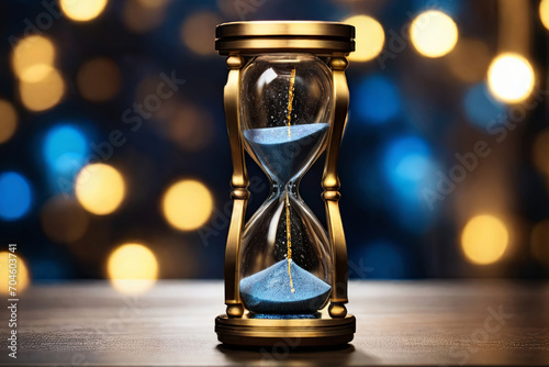 Running out of time. Hourglass in kintsugi style against bokeh backdrop. Symbolic image portraying time's fleeting nature. photo