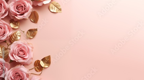 Delicate pink roses with golden leaves on a pink background with an empty space for text and design  a romantic Valentine s day card
