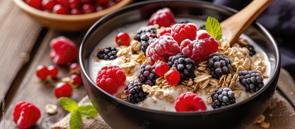 Delicious and healthy multi-lacquered cereal breakfast with berries, frozen raspberries, black currants, and natural yogurt, served with a wooden spoon. Delicious and healthy multi-lacquered cereal breakfast with berries, frozen raspberries, black currants, and natural yogurt, served with a wooden spoon.