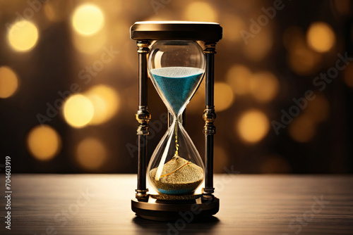 Running out of time. Hourglass in kintsugi style against bokeh backdrop. Symbolic image portraying time's fleeting nature.
