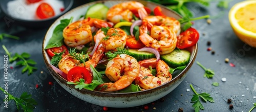 Shrimp, vegetables, cooked seafood with spicy sauce and herbs, make salad with citrus dressing.