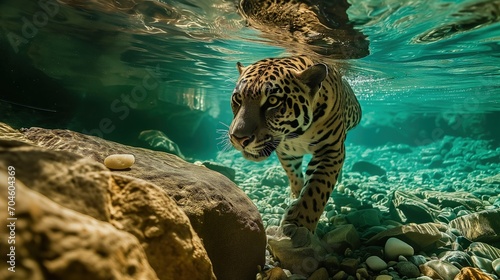 Leopard dives in turquoise shallow stone water