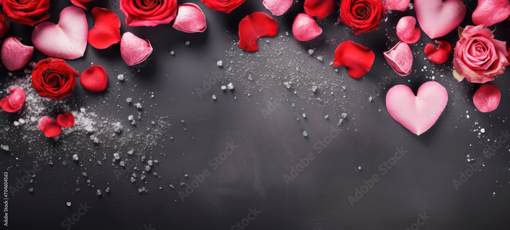Roses, petals and hearts on a dark background with copy space Roses, petals and hearts on a dark background with copy space